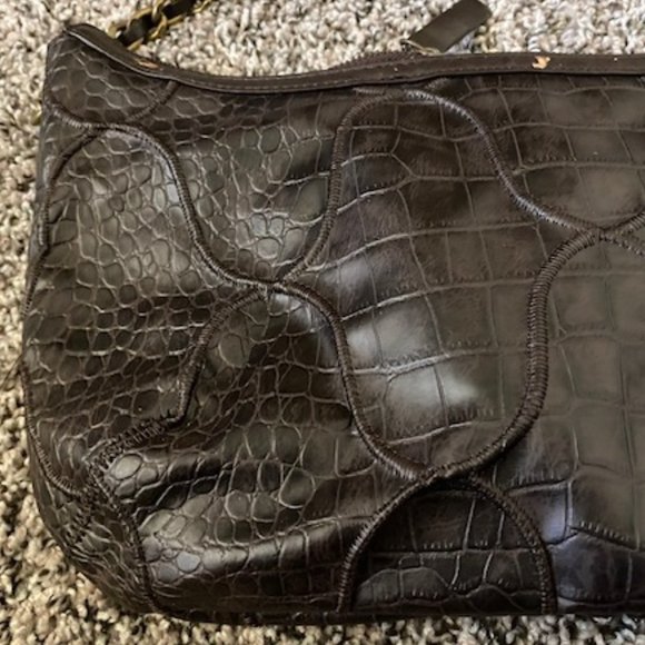 JESSICA SIMPSON Texture Faux Leather BROWN Purple PURSE Brass Strap PURPLE satin - Picture 2 of 12